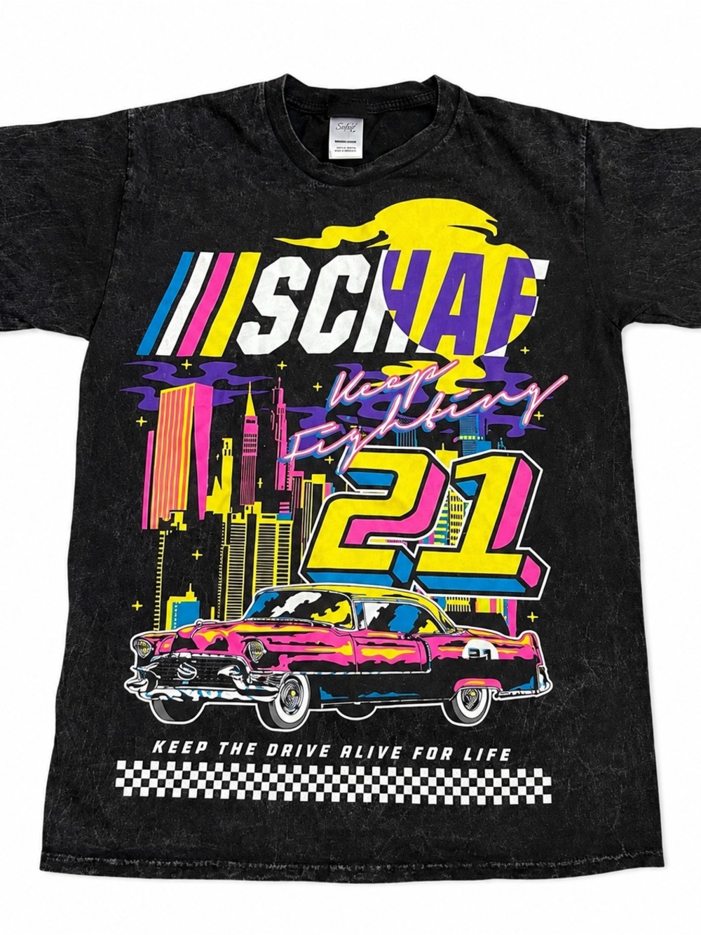 Schaf Racing Graphic Tee Mens M Black Acid Wash Neon Car Streetwear Shirt